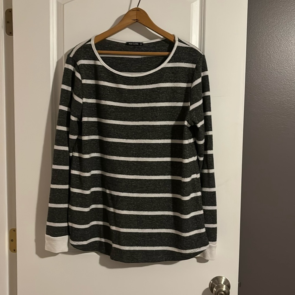 Dark Grey with white striped long sleeved shirt.